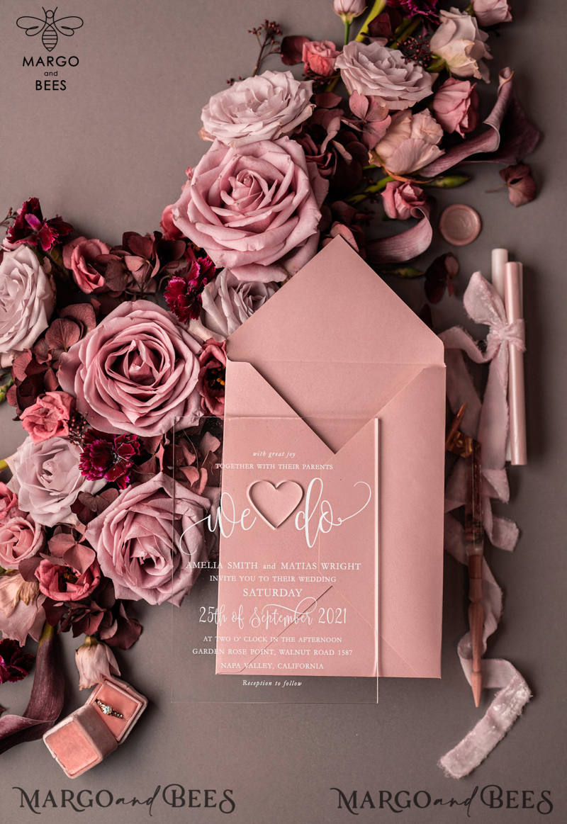  Elegant Acrylic Plexi Wedding Invites, Romantic Blush Pink Wedding Invitations, Bespoke Vellum Wedding Cards, Luxury Pink Wedding Invitation Suite-19