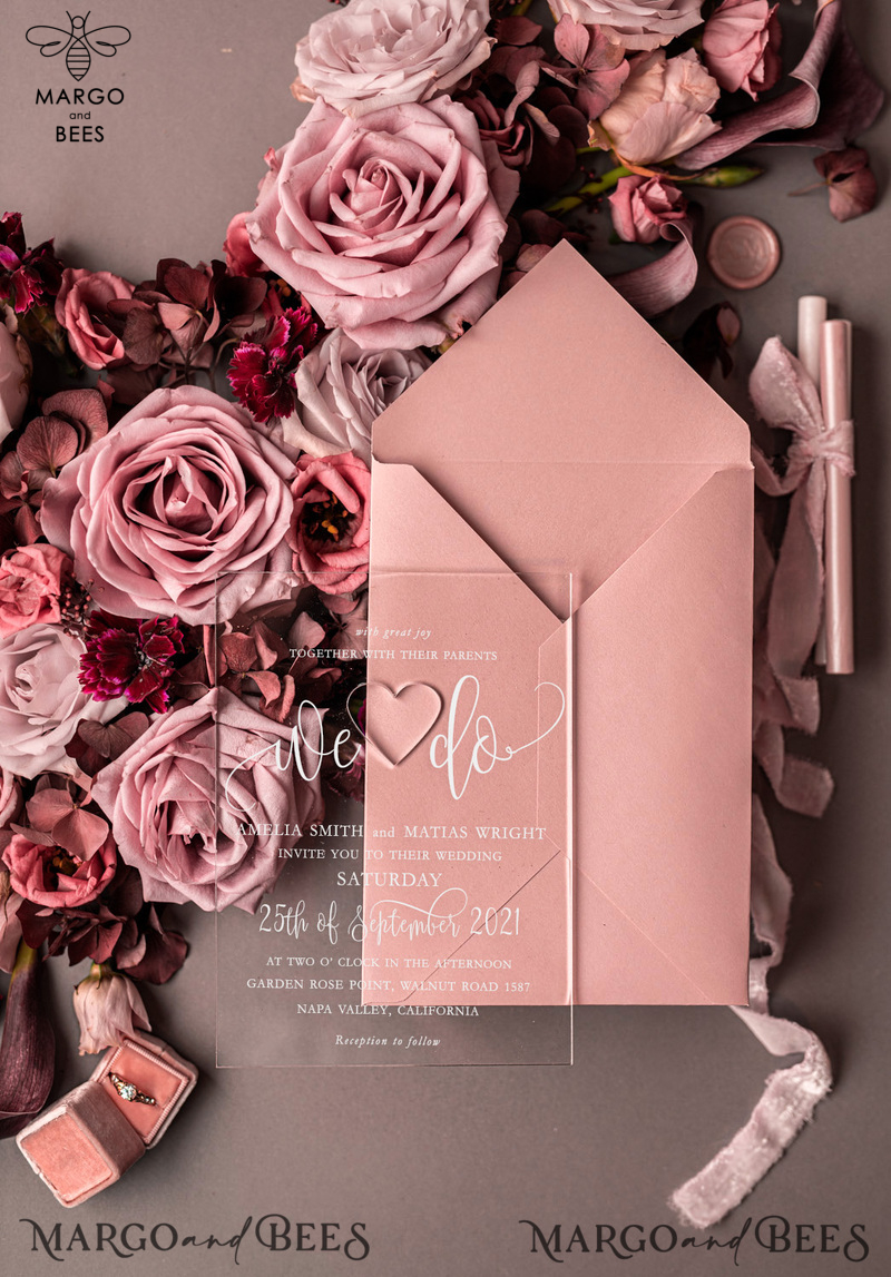  Elegant Acrylic Plexi Wedding Invites, Romantic Blush Pink Wedding Invitations, Bespoke Vellum Wedding Cards, Luxury Pink Wedding Invitation Suite-21