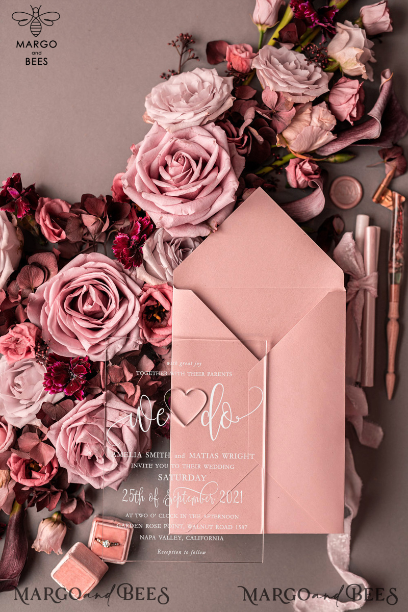  Elegant Acrylic Plexi Wedding Invites, Romantic Blush Pink Wedding Invitations, Bespoke Vellum Wedding Cards, Luxury Pink Wedding Invitation Suite-25