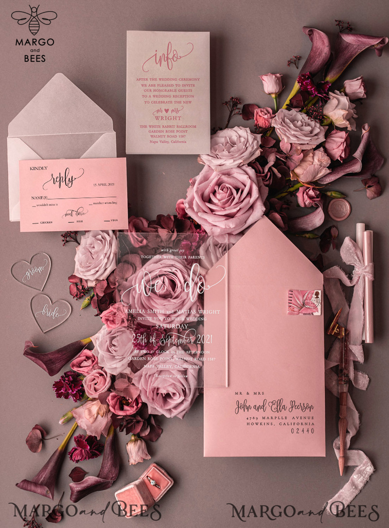  Elegant Acrylic Plexi Wedding Invites, Romantic Blush Pink Wedding Invitations, Bespoke Vellum Wedding Cards, Luxury Pink Wedding Invitation Suite-1