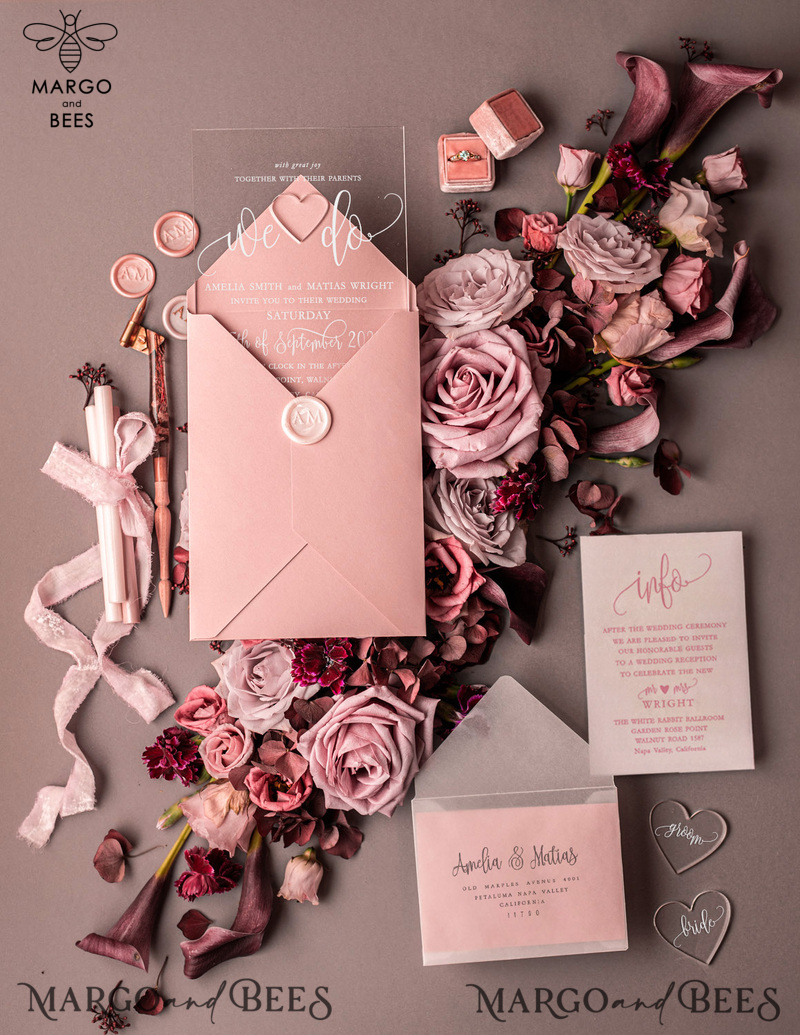  Elegant Acrylic Plexi Wedding Invites, Romantic Blush Pink Wedding Invitations, Bespoke Vellum Wedding Cards, Luxury Pink Wedding Invitation Suite-2