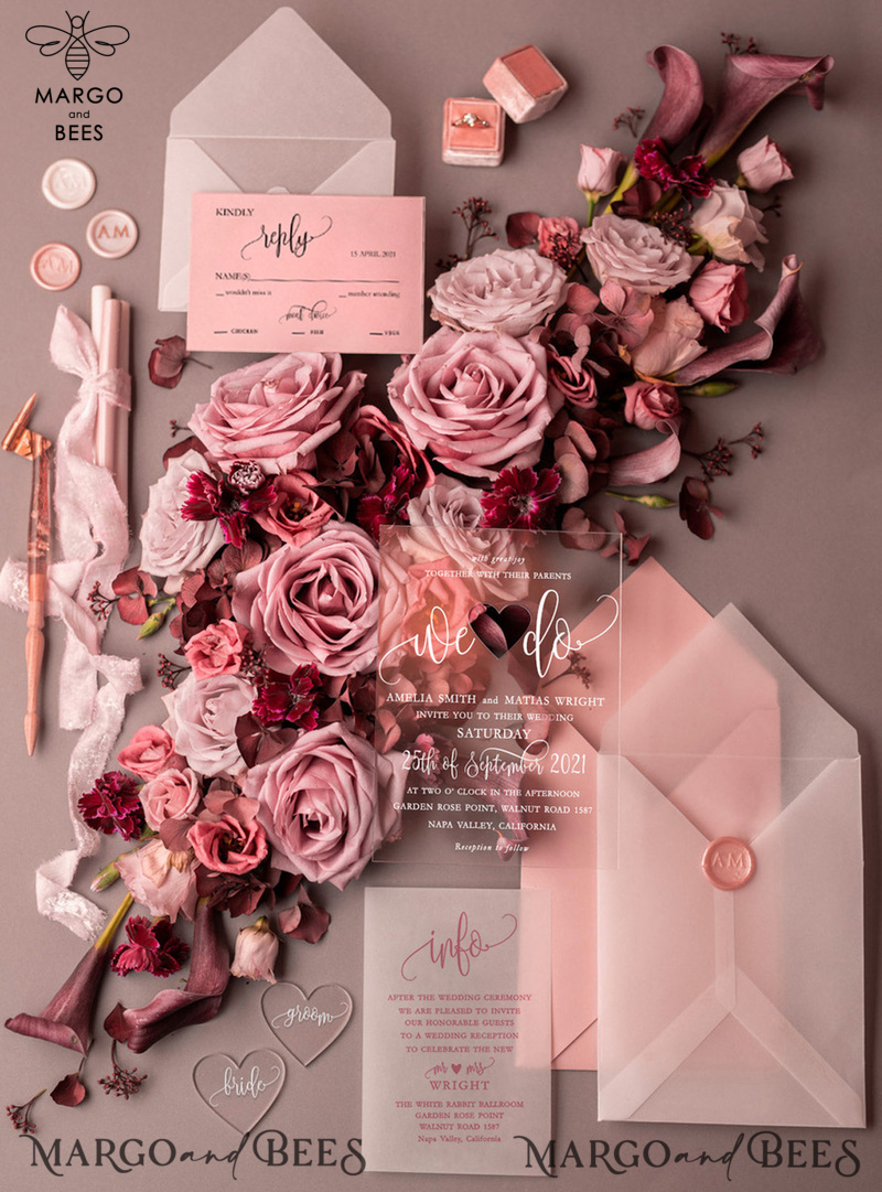  Elegant Acrylic Plexi Wedding Invites, Romantic Blush Pink Wedding Invitations, Bespoke Vellum Wedding Cards, Luxury Pink Wedding Invitation Suite-0