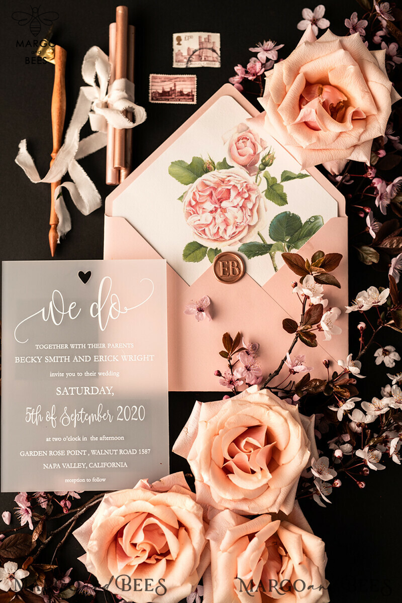 Exquisite Frozen Acrylic Plexi Wedding Invitations with Romantic Blush Pink and Elegant Peony Designs: Classy and Minimalistic Wedding Stationery-3
