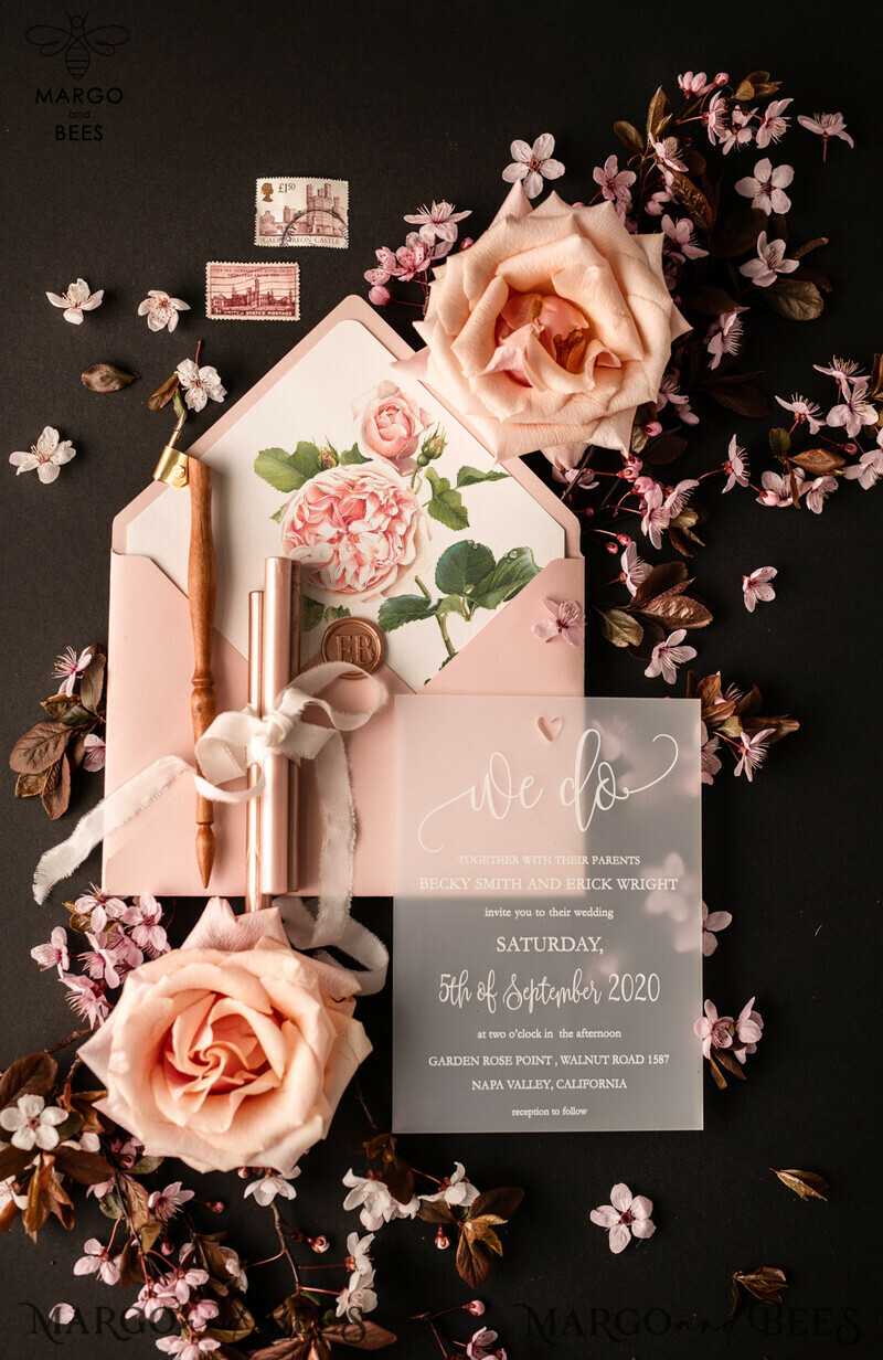 Exquisite Frozen Acrylic Plexi Wedding Invitations with Romantic Blush Pink and Elegant Peony Designs: Classy and Minimalistic Wedding Stationery-4