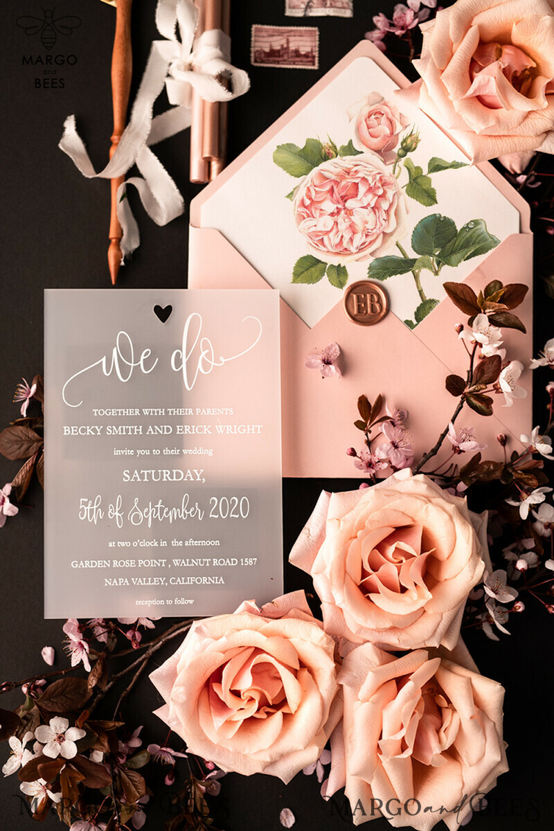 Exquisite Frozen Acrylic Plexi Wedding Invitations with Romantic Blush Pink and Elegant Peony Designs: Classy and Minimalistic Wedding Stationery-7