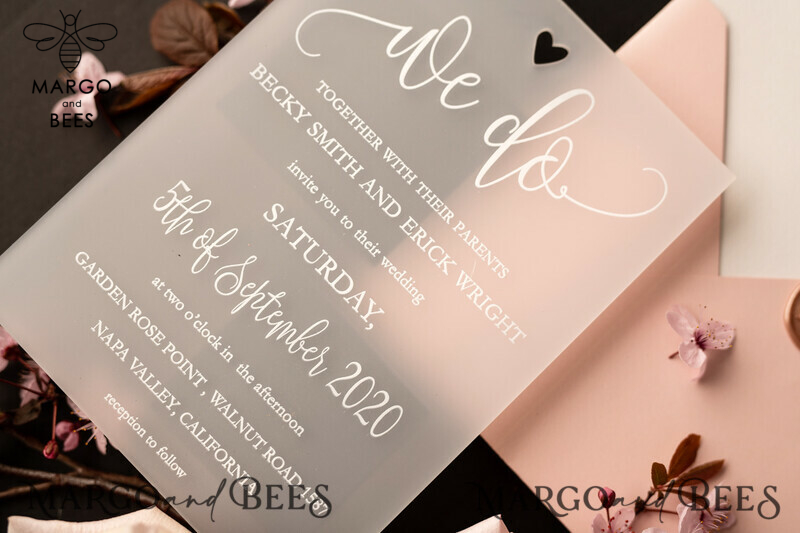 Exquisite Frozen Acrylic Plexi Wedding Invitations with Romantic Blush Pink and Elegant Peony Designs: Classy and Minimalistic Wedding Stationery-8