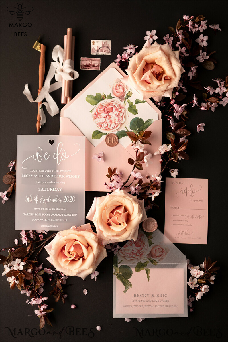 Exquisite Frozen Acrylic Plexi Wedding Invitations with Romantic Blush Pink and Elegant Peony Designs: Classy and Minimalistic Wedding Stationery-9