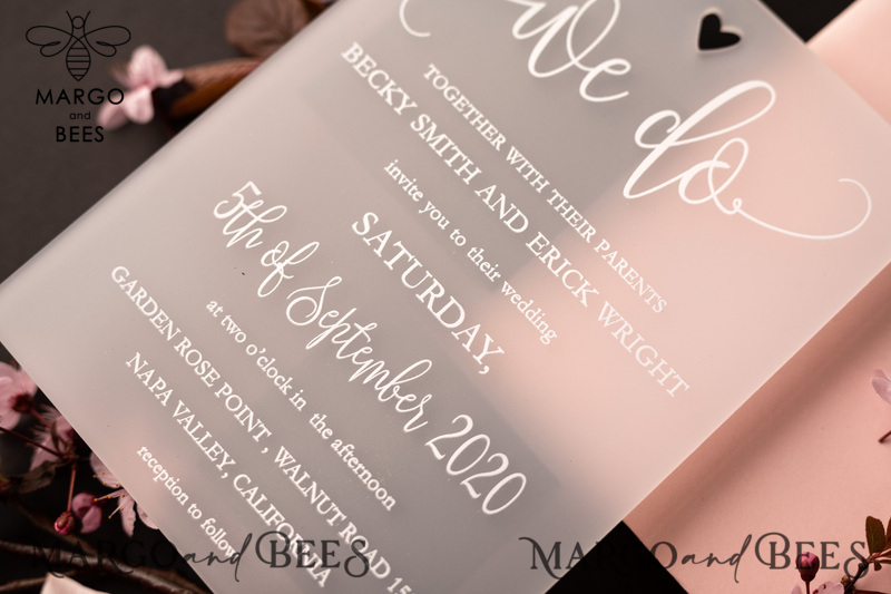 Luxury Frozen Acrylic Plexi Wedding Invitations, Romantic Blush Pink Wedding Invites, Elegant Peony Wedding Cards, Minimalistic Wedding Stationery-1