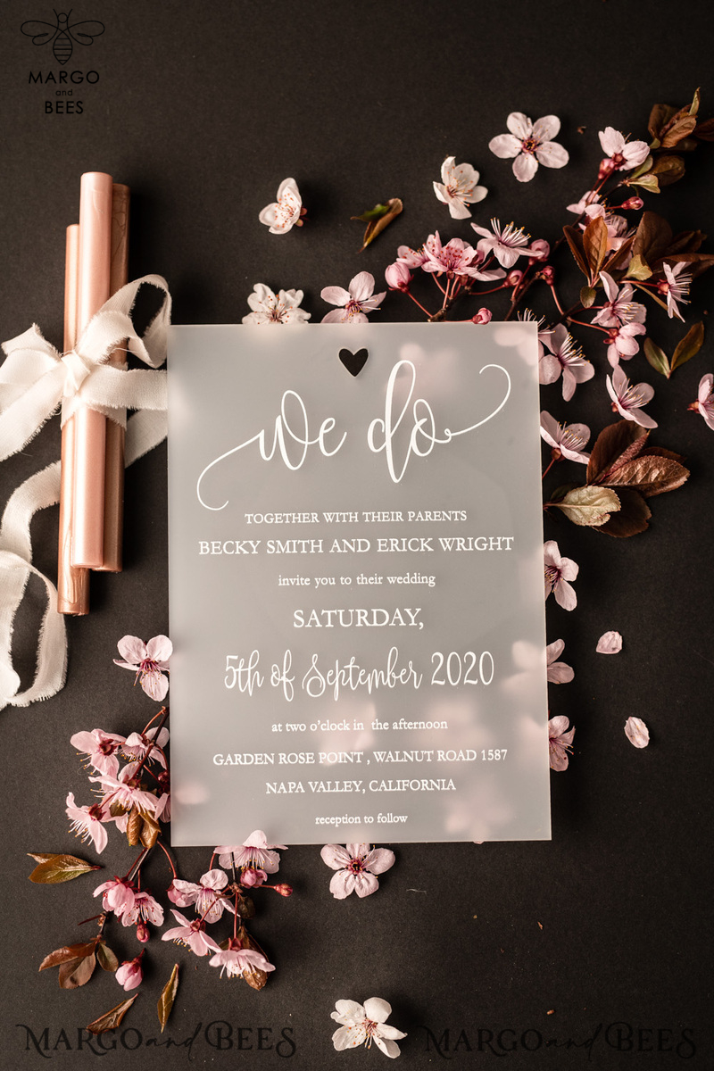 Luxury Frozen Acrylic Plexi Wedding Invitations, Romantic Blush Pink Wedding Invites, Elegant Peony Wedding Cards, Minimalistic Wedding Stationery-11