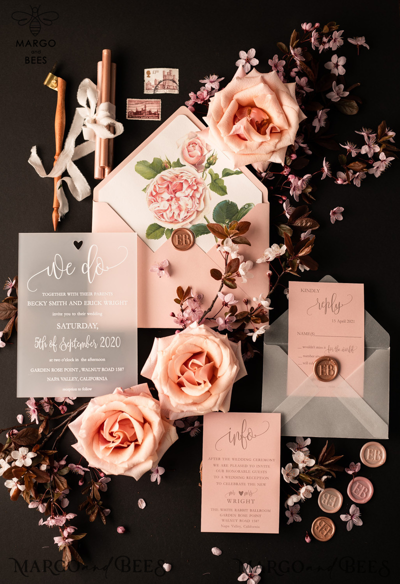Luxury Frozen Acrylic Plexi Wedding Invitations, Romantic Blush Pink Wedding Invites, Elegant Peony Wedding Cards, Minimalistic Wedding Stationery-13