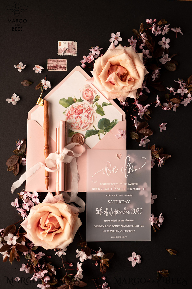 Luxury Frozen Acrylic Plexi Wedding Invitations, Romantic Blush Pink Wedding Invites, Elegant Peony Wedding Cards, Minimalistic Wedding Stationery-15