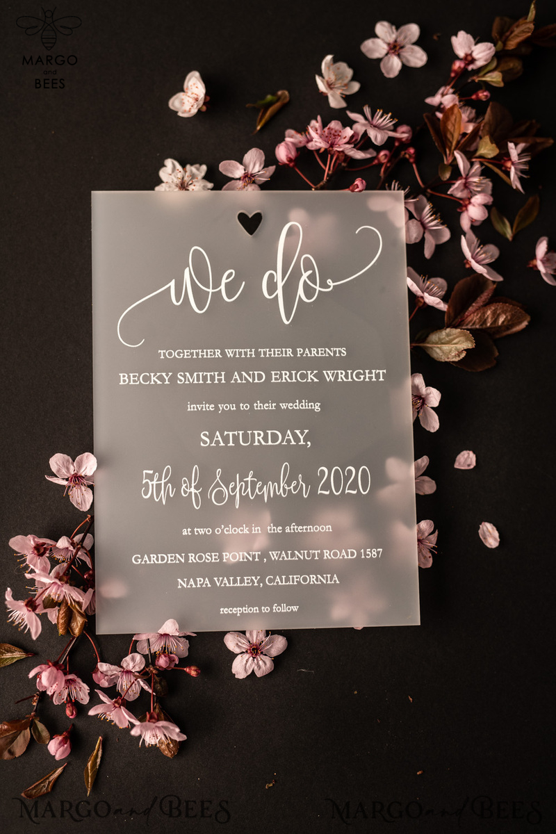 Luxury Frozen Acrylic Plexi Wedding Invitations, Romantic Blush Pink Wedding Invites, Elegant Peony Wedding Cards, Minimalistic Wedding Stationery-2