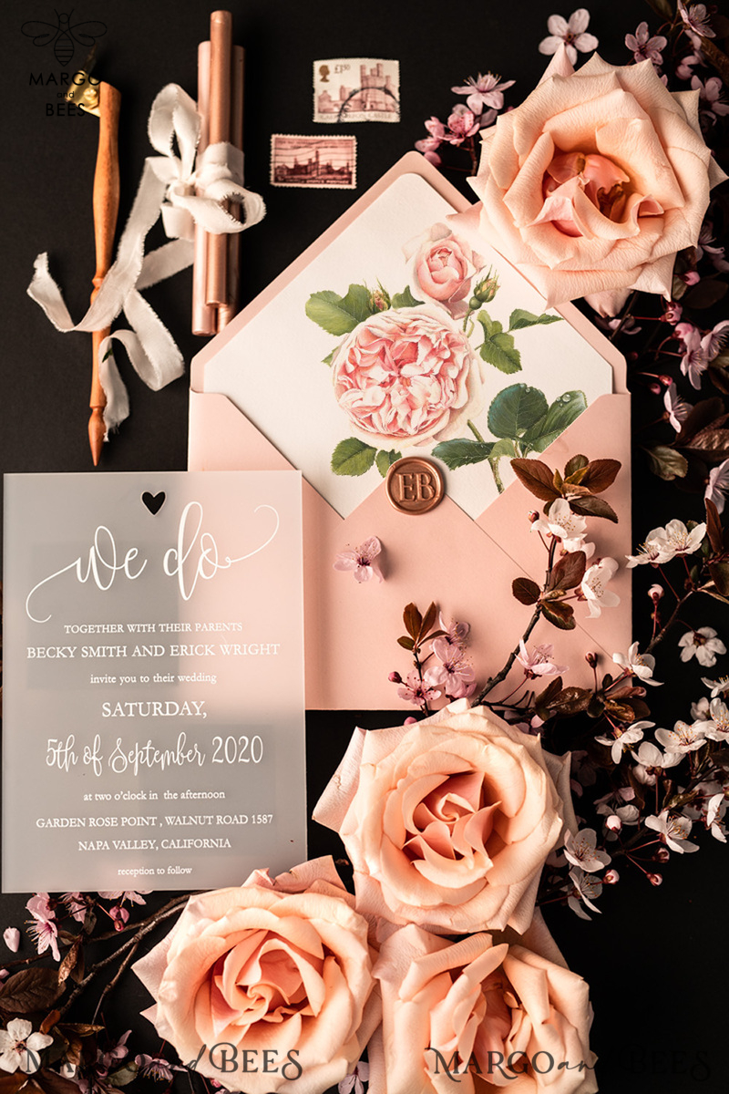 Luxury Frozen Acrylic Plexi Wedding Invitations, Romantic Blush Pink Wedding Invites, Elegant Peony Wedding Cards, Minimalistic Wedding Stationery-3