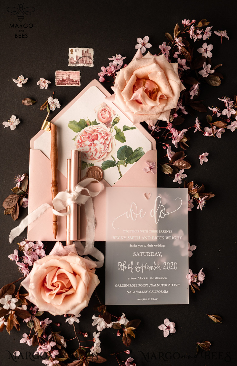 Luxury Frozen Acrylic Plexi Wedding Invitations, Romantic Blush Pink Wedding Invites, Elegant Peony Wedding Cards, Minimalistic Wedding Stationery-4