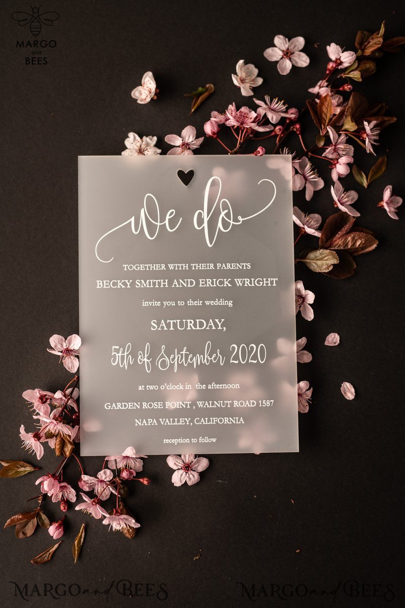 Luxury Frozen Acrylic Plexi Wedding Invitations, Romantic Blush Pink Wedding Invites, Elegant Peony Wedding Cards, Minimalistic Wedding Stationery-5
