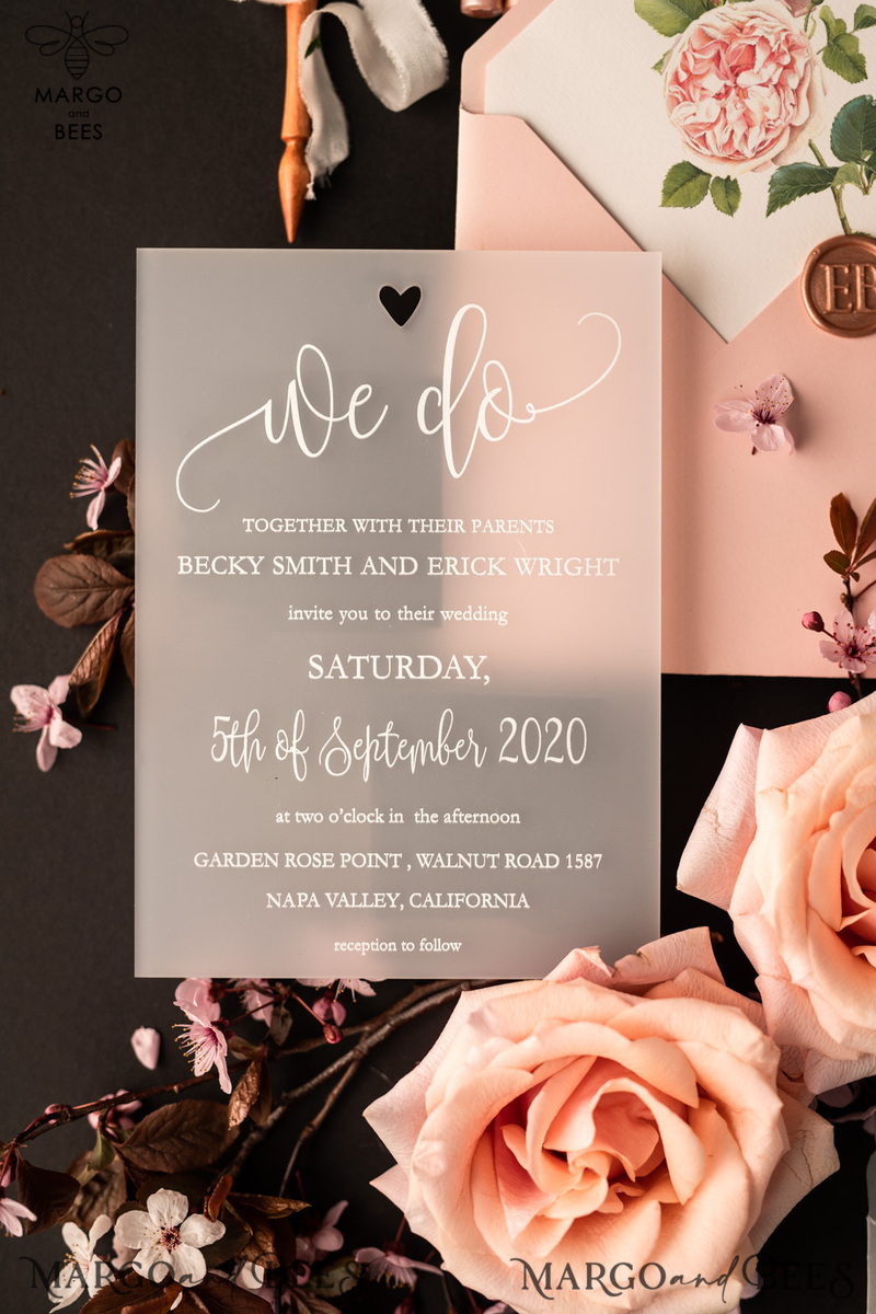 Luxury Frozen Acrylic Plexi Wedding Invitations, Romantic Blush Pink Wedding Invites, Elegant Peony Wedding Cards, Minimalistic Wedding Stationery-6