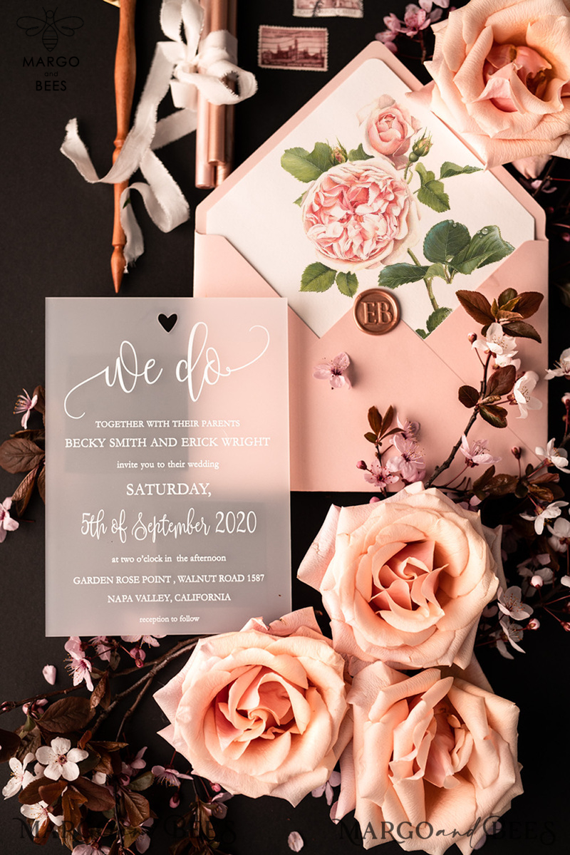 Luxury Frozen Acrylic Plexi Wedding Invitations, Romantic Blush Pink Wedding Invites, Elegant Peony Wedding Cards, Minimalistic Wedding Stationery-7