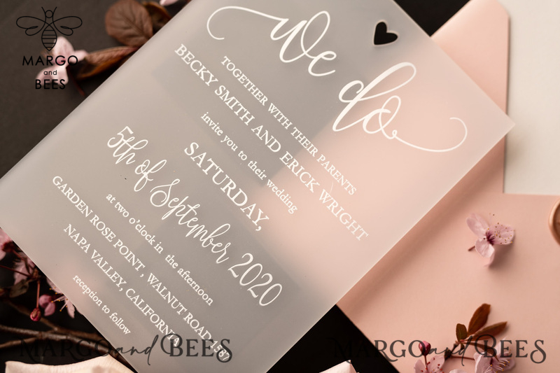 Luxury Frozen Acrylic Plexi Wedding Invitations, Romantic Blush Pink Wedding Invites, Elegant Peony Wedding Cards, Minimalistic Wedding Stationery-8