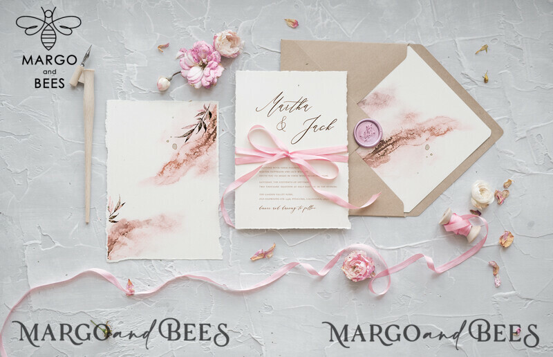  Delicate Watercolor Wedding Invitations, Elegant And Handmade Wedding Invites, Affordable Wedding Invitation Suite, Romantic Pink Wedding Cards-2