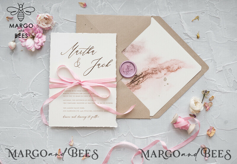  Delicate Watercolor Wedding Invitations, Elegant And Handmade Wedding Invites, Affordable Wedding Invitation Suite, Romantic Pink Wedding Cards-3