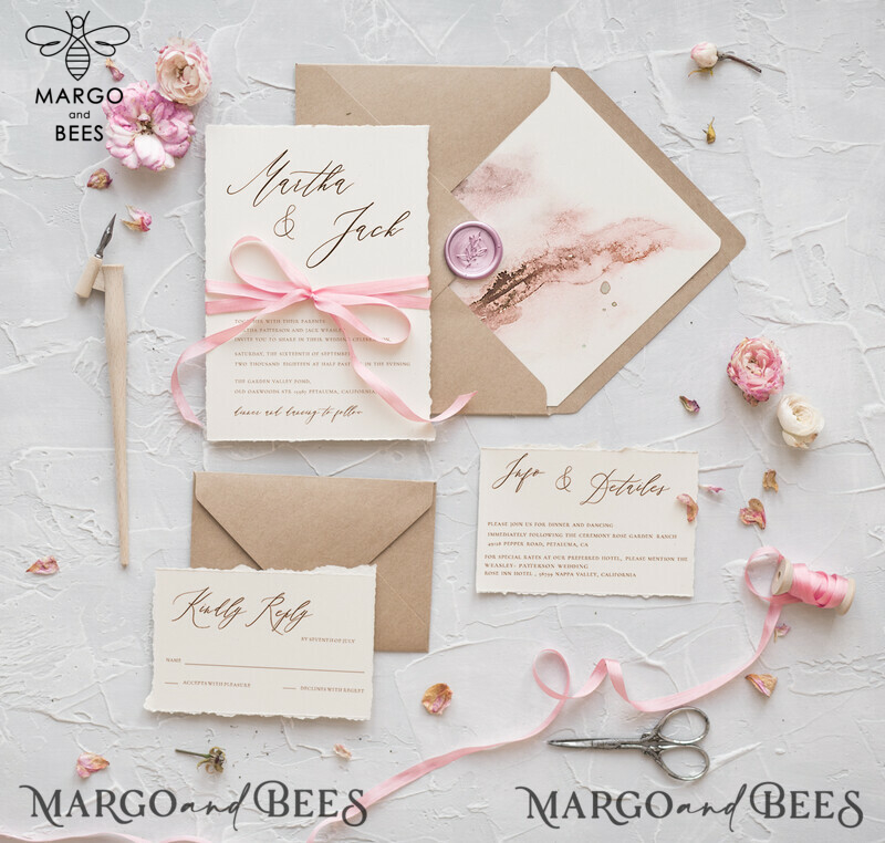  Delicate Watercolor Wedding Invitations, Elegant And Handmade Wedding Invites, Affordable Wedding Invitation Suite, Romantic Pink Wedding Cards-0