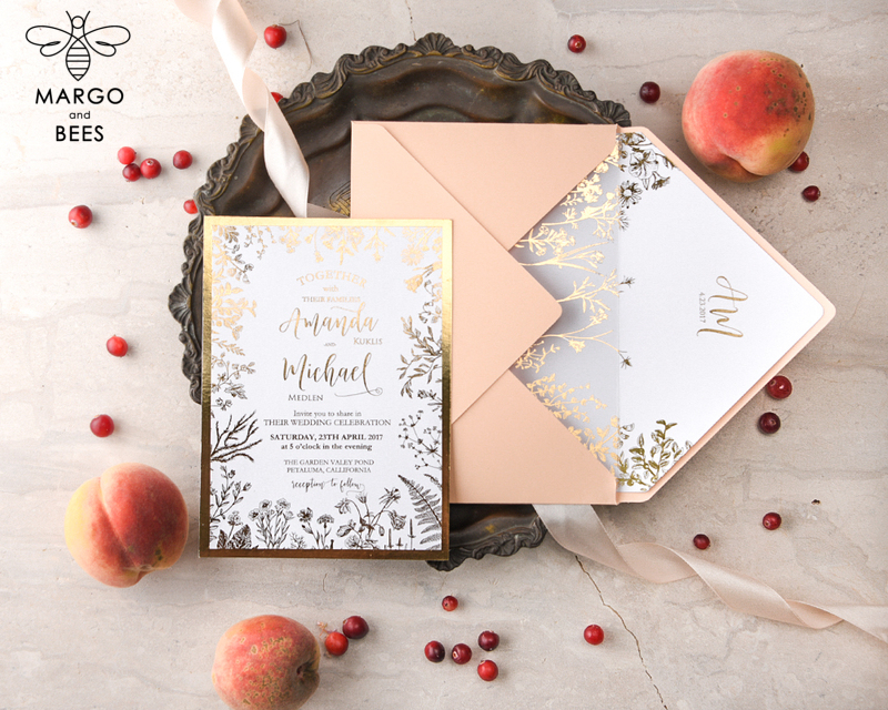 Modern Wedding invitations rose gold invites , gold glam rose gold wedding stationery, gold romantic wedding peach-3
