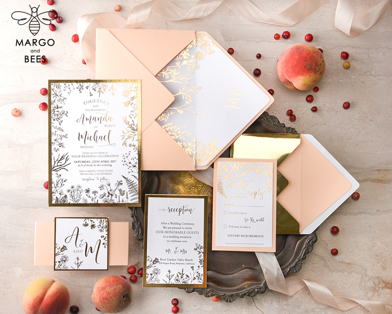 Modern Wedding invitations rose gold invites , gold glam rose gold wedding stationery, gold romantic wedding peach-0