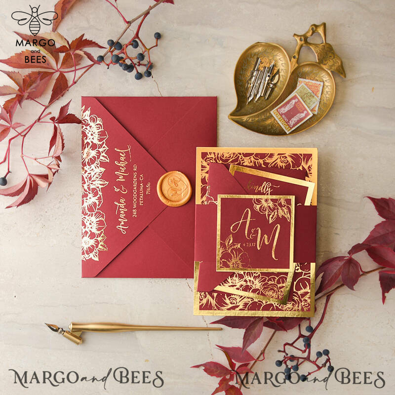  Luxury Indian Wedding Invitations, Elegant Red Wedding Cards, Glamour Golden Shine Wedding Invites, Bespoke Floral Wedding Invitation Suite-1