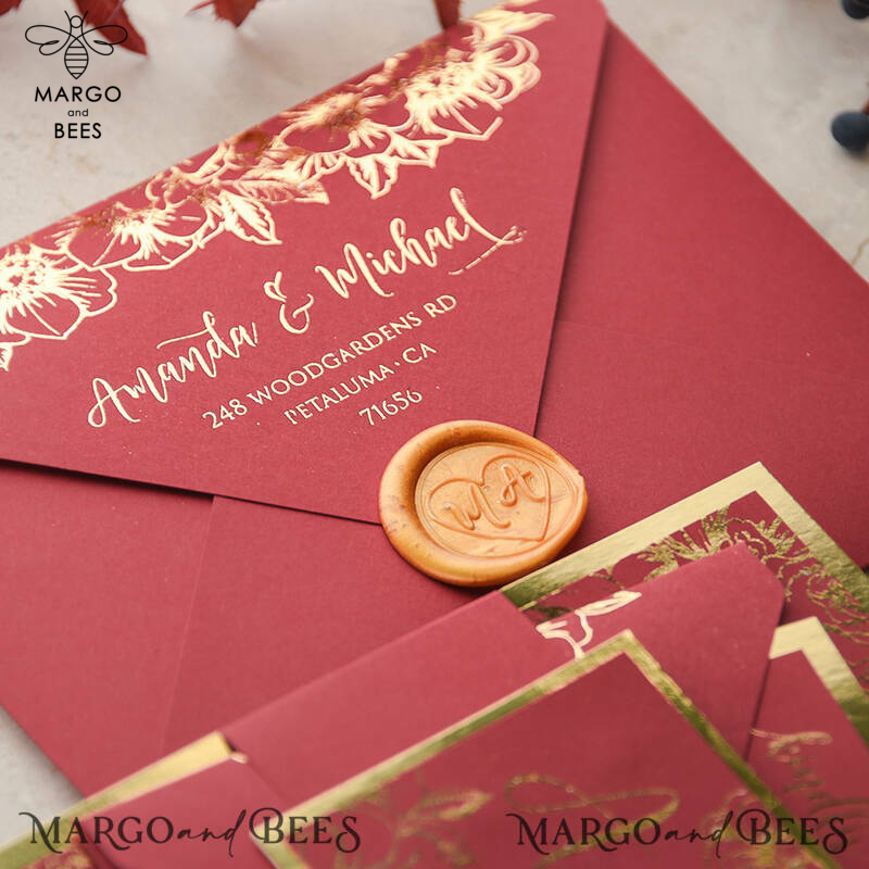  Luxury Indian Wedding Invitations, Elegant Red Wedding Cards, Glamour Golden Shine Wedding Invites, Bespoke Floral Wedding Invitation Suite-2
