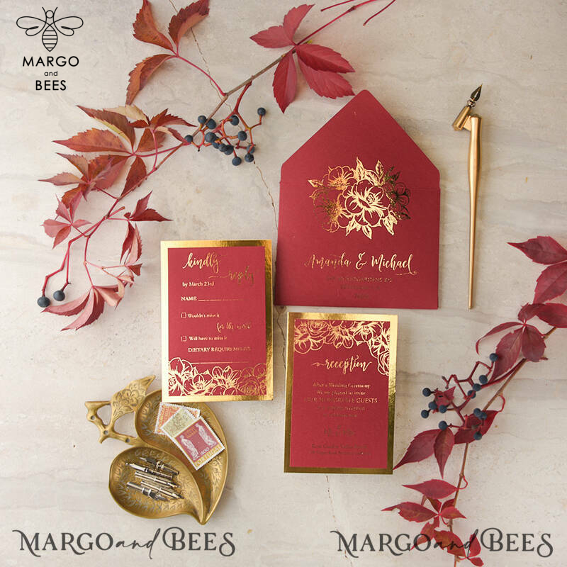  Luxury Indian Wedding Invitations, Elegant Red Wedding Cards, Glamour Golden Shine Wedding Invites, Bespoke Floral Wedding Invitation Suite-3