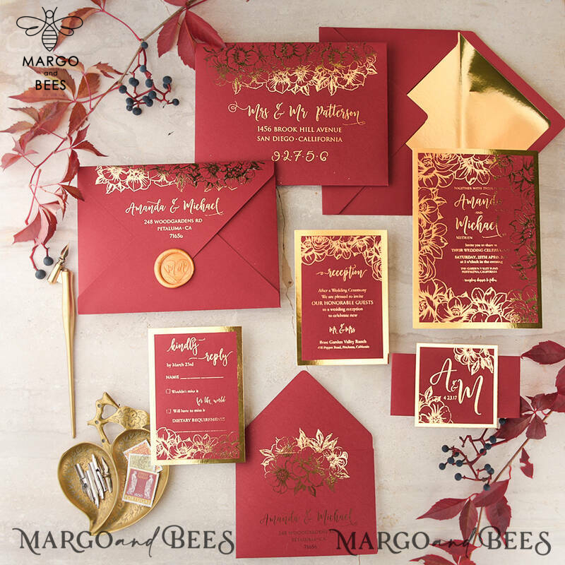  Luxury Indian Wedding Invitations, Elegant Red Wedding Cards, Glamour Golden Shine Wedding Invites, Bespoke Floral Wedding Invitation Suite-4