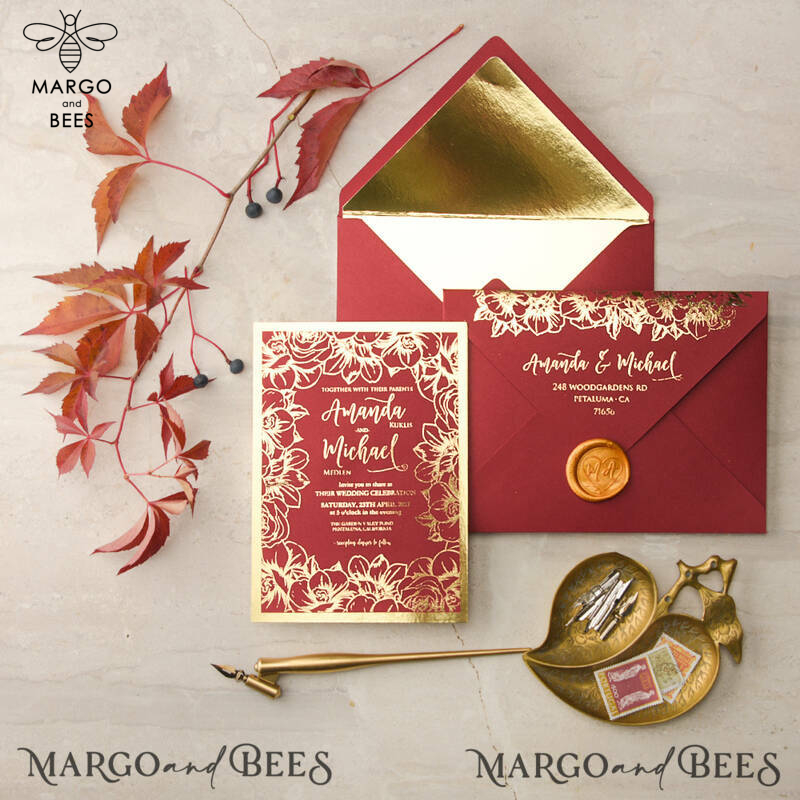  Luxury Indian Wedding Invitations, Elegant Red Wedding Cards, Glamour Golden Shine Wedding Invites, Bespoke Floral Wedding Invitation Suite-5