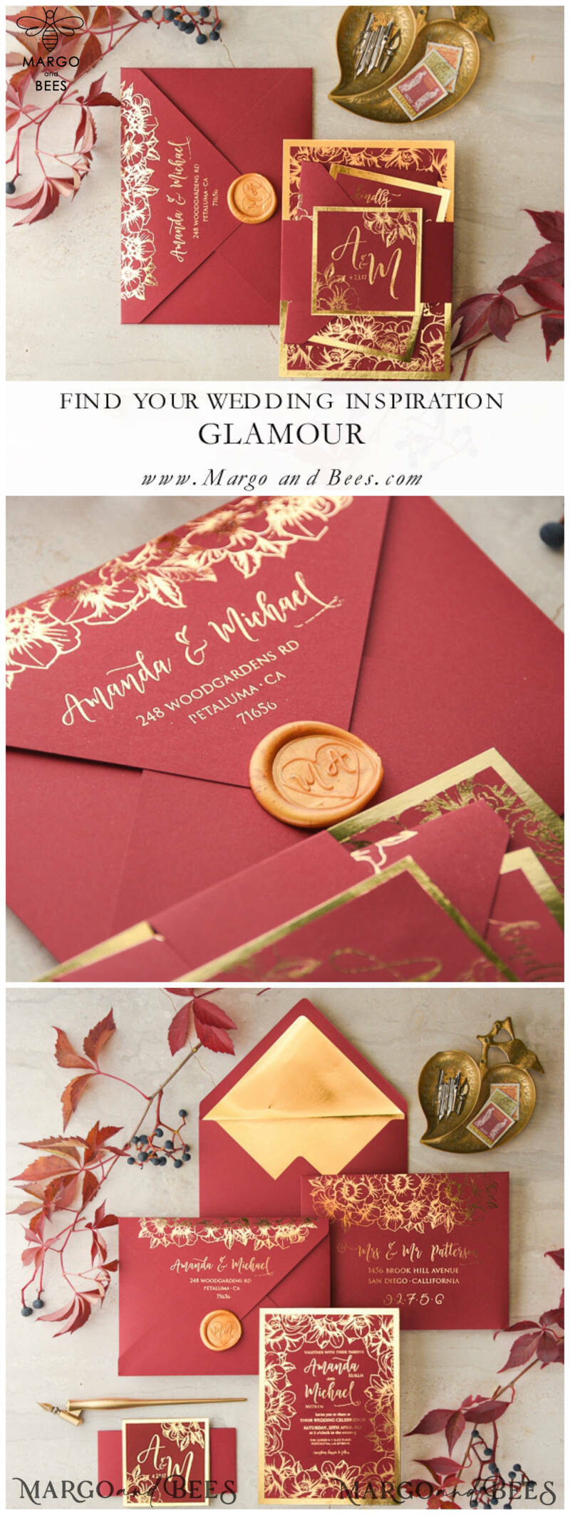  Luxury Indian Wedding Invitations, Elegant Red Wedding Cards, Glamour Golden Shine Wedding Invites, Bespoke Floral Wedding Invitation Suite-6