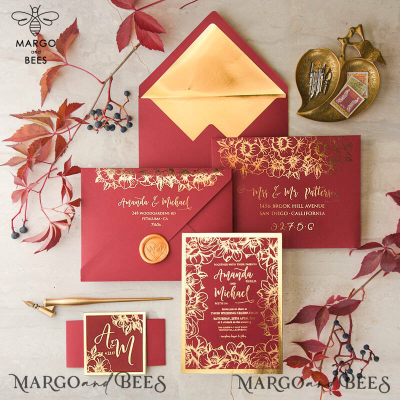  Luxury Indian Wedding Invitations, Elegant Red Wedding Cards, Glamour Golden Shine Wedding Invites, Bespoke Floral Wedding Invitation Suite-0