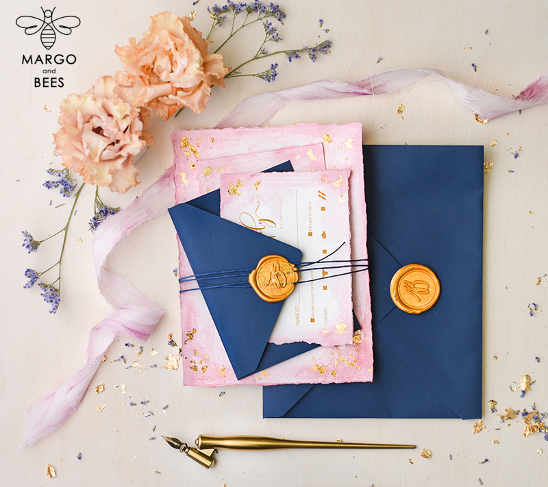 Navy and pink Wedding invitations ,  Elegant blush romantic wedding stationery, glamour wedding invitation suite-1