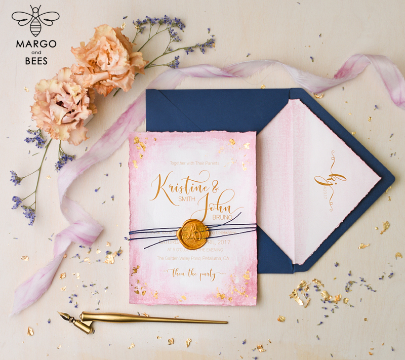 Navy and pink Wedding invitations ,  Elegant blush romantic wedding stationery, glamour wedding invitation suite-2