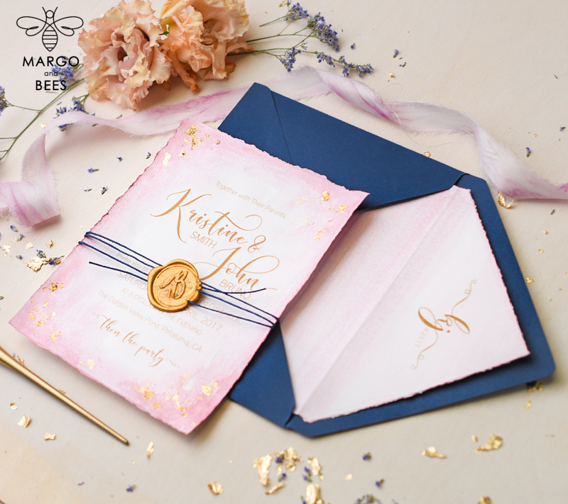 Navy and pink Wedding invitations ,  Elegant blush romantic wedding stationery, glamour wedding invitation suite-3