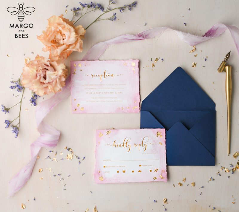 Navy and pink Wedding invitations ,  Elegant blush romantic wedding stationery, glamour wedding invitation suite-4