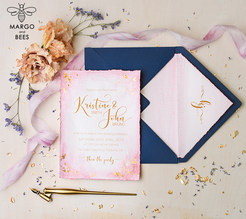 Navy and pink Wedding invitations ,  Elegant blush romantic wedding stationery, glamour wedding invitation suite-5