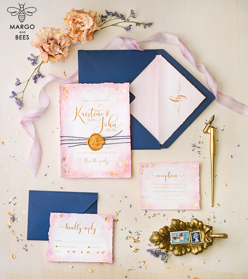 Navy and pink Wedding invitations ,  Elegant blush romantic wedding stationery, glamour wedding invitation suite-0