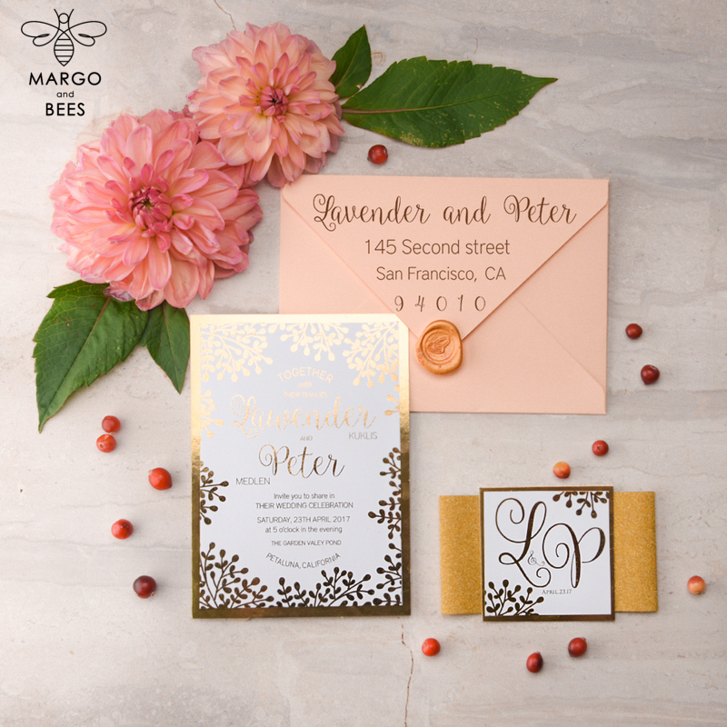 Wedding invitations online gold colour palette stationery  , gold glitter elegant cards , gold peach wedding invitation-3