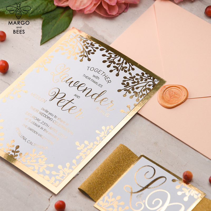 Wedding invitations online gold colour palette stationery  , gold glitter elegant cards , gold peach wedding invitation-4