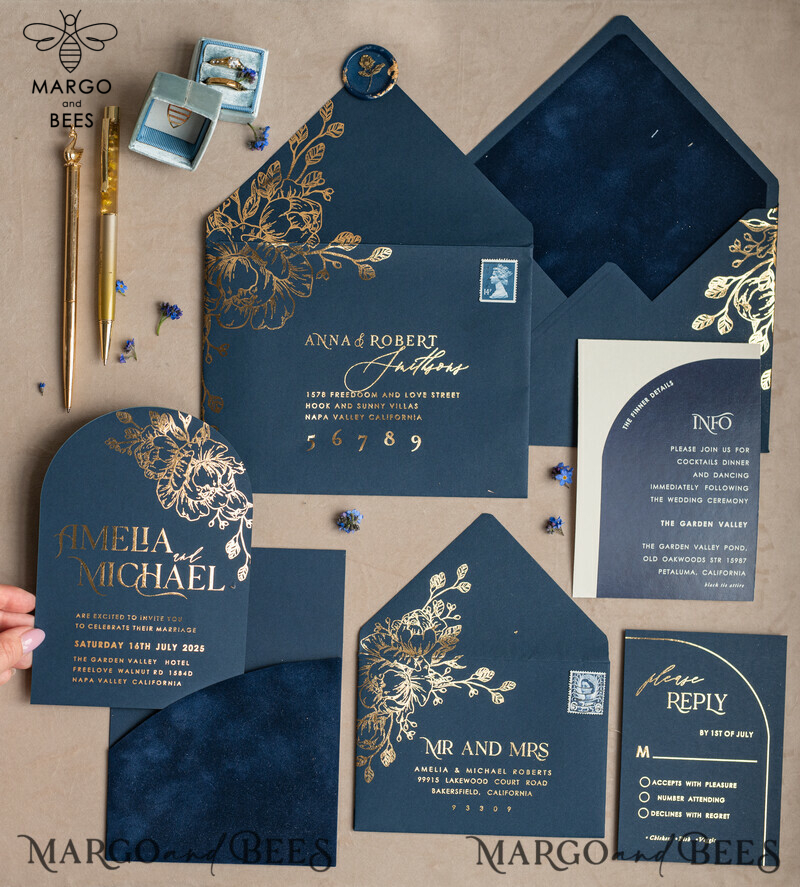 Elegant Arch Wedding Invitations: Navy Blue Velvet Pocket, Dark Blue and Gold Modern Wedding Invitation Suite-0