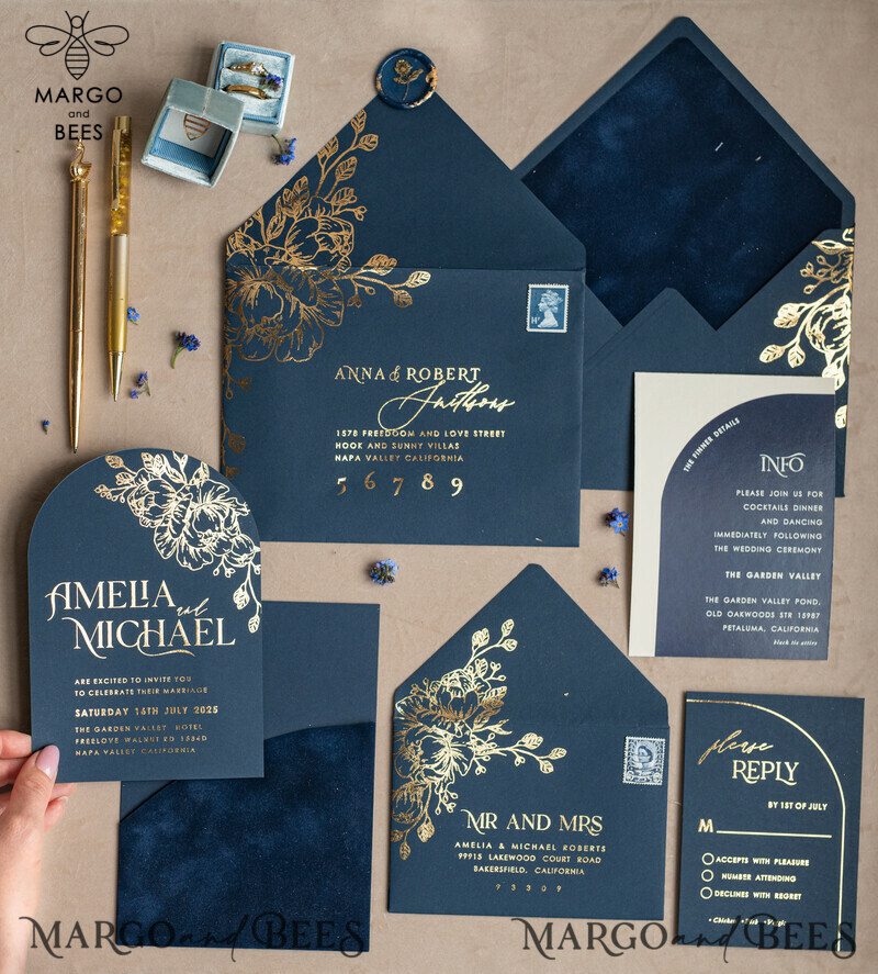 Elegant Arch Wedding Invitations: Navy Blue Velvet Pocket, Dark Blue and Gold Modern Wedding Invitation Suite-1