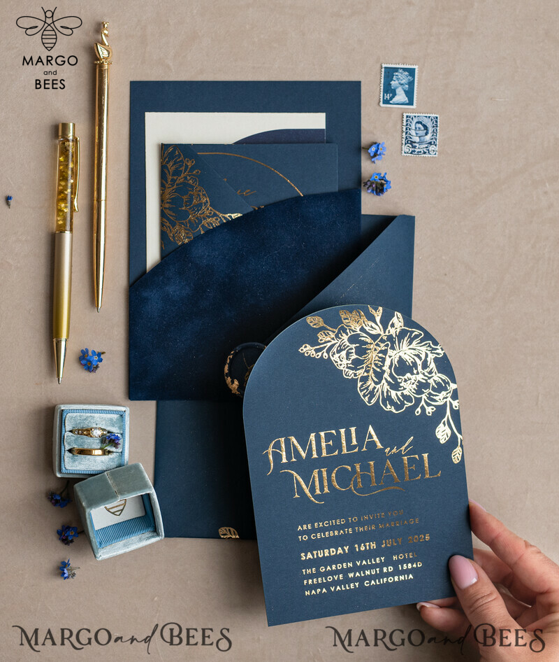 Elegant Arch Wedding Invitations: Navy Blue Velvet Pocket, Dark Blue and Gold Modern Wedding Invitation Suite-14