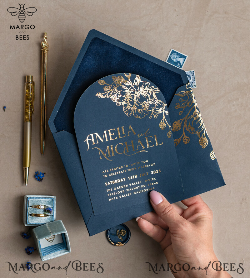 Elegant Arch Wedding Invitations: Navy Blue Velvet Pocket, Dark Blue and Gold Modern Wedding Invitation Suite-15