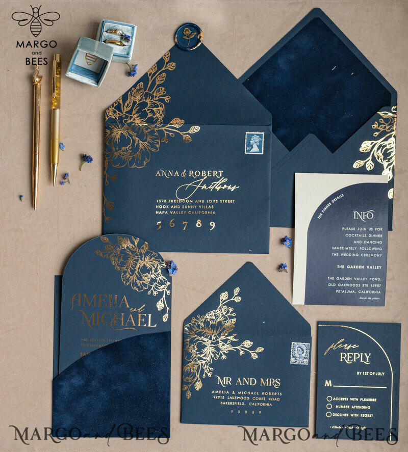 Elegant Arch Wedding Invitations: Navy Blue Velvet Pocket, Dark Blue and Gold Modern Wedding Invitation Suite-2