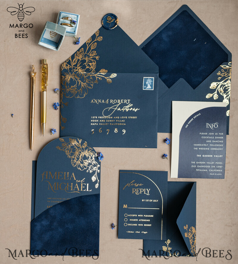 Elegant Arch Wedding Invitations: Navy Blue Velvet Pocket, Dark Blue and Gold Modern Wedding Invitation Suite-4