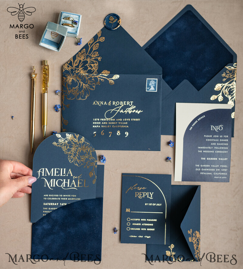 Elegant Arch Wedding Invitations: Navy Blue Velvet Pocket, Dark Blue and Gold Modern Wedding Invitation Suite-6