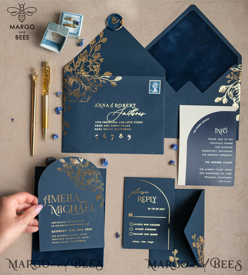 Elegant Arch Wedding Invitations: Navy Blue Velvet Pocket, Dark Blue and Gold Modern Wedding Invitation Suite-7